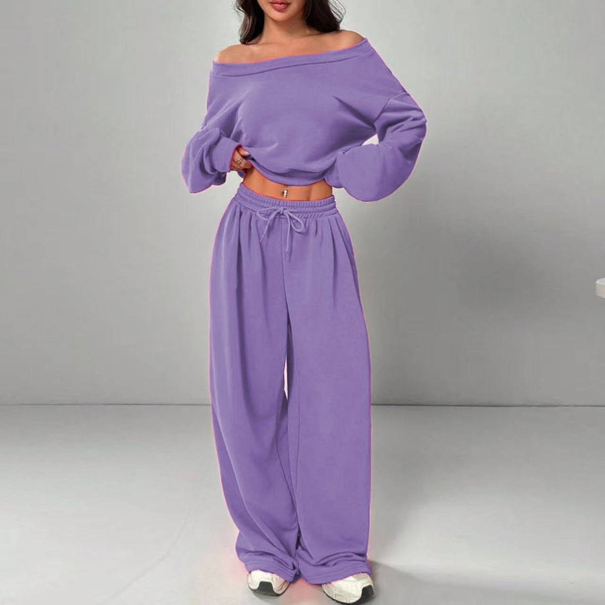Women's Fashion Slim-fit Off-the-shoulder Navel Solid Color Casual Pants Suit