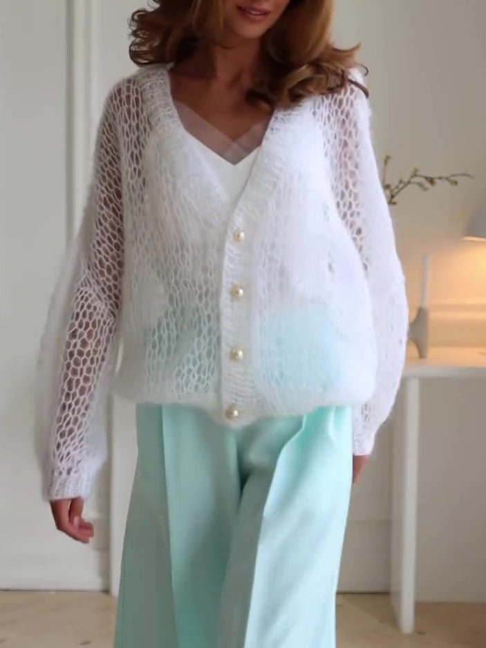 Casual Solid Color Hollow Knit Cardigan