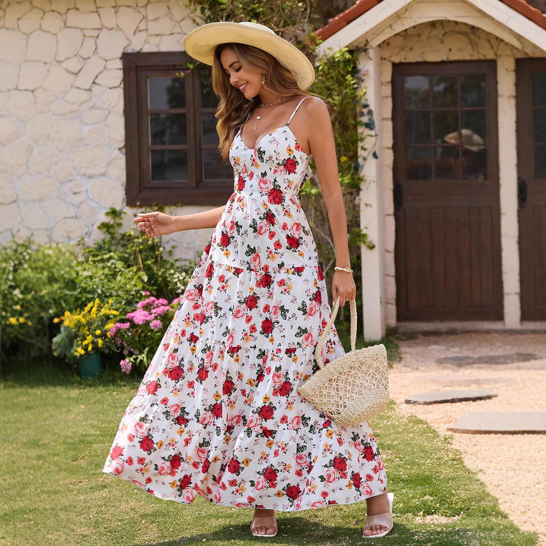 Women's V-neck Slip Dress With Bow And Floral Print