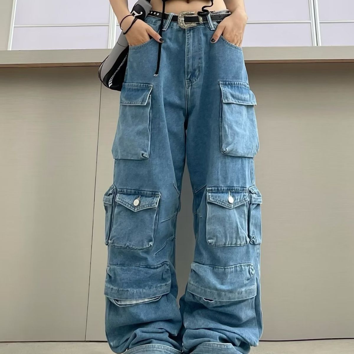 High Waist Trousers Street Hipster Multi-pocket Wide Leg Tie-dyed Jeans