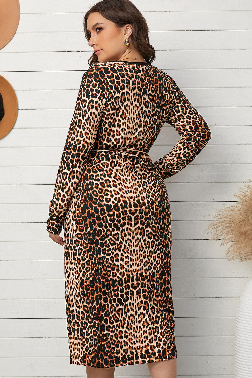 Brown Leopard Wrap V Neck Plus size Dress with A Slit
