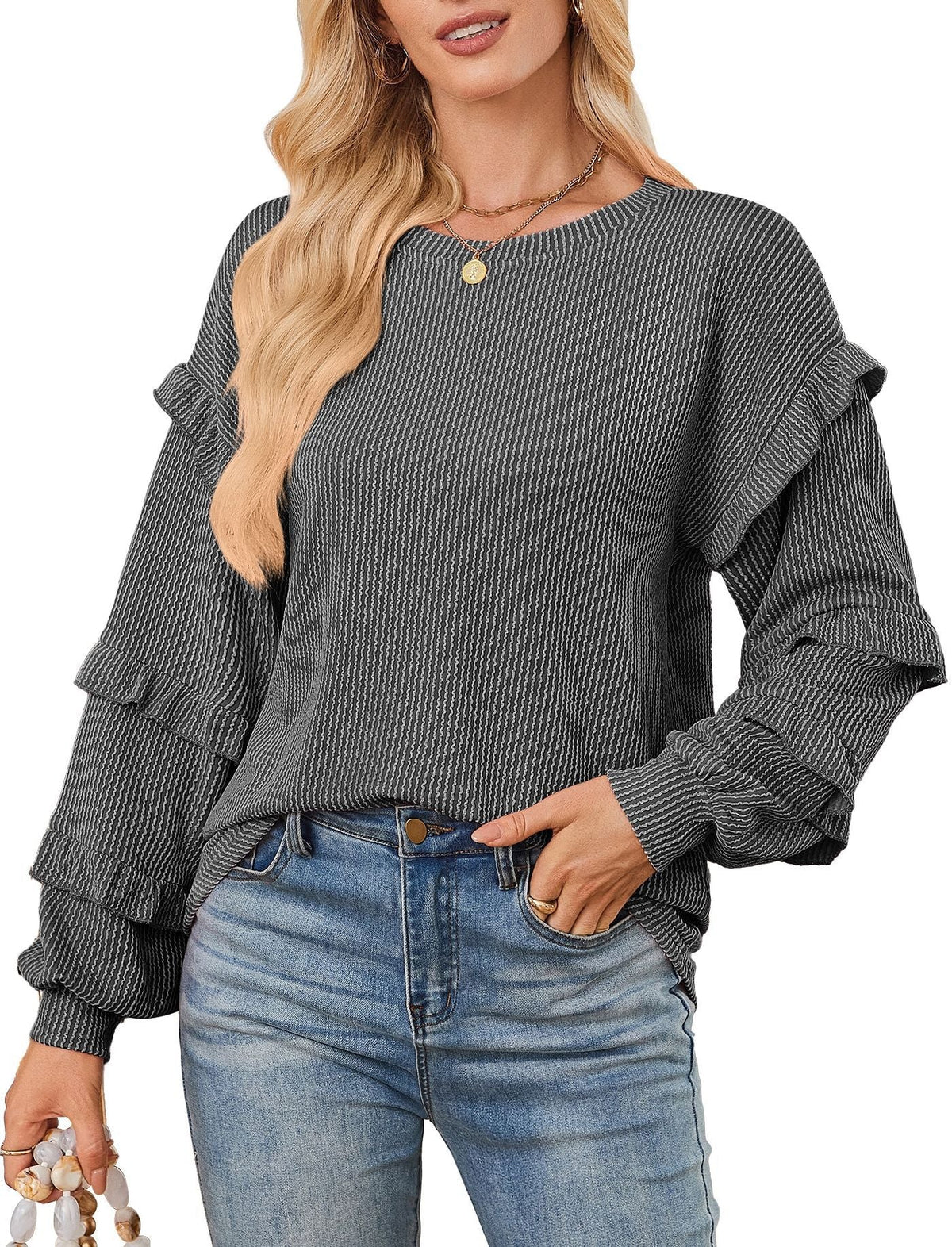 Casual Loose-fit Crew Neck T-shirt With Lantern Sleeves And Ruffled Hem