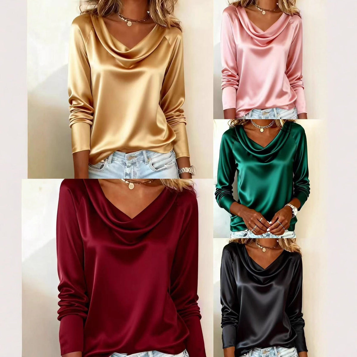 Women's Solid-Color Loose-fit Boat-Neck Draping Long-Sleeve Base Shirt