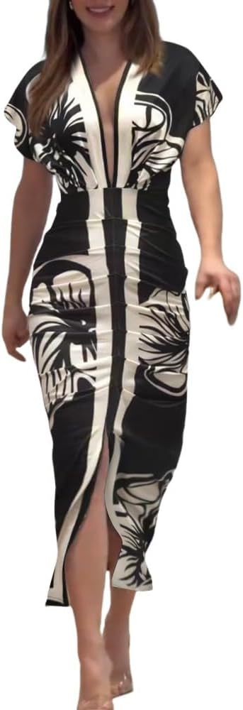 Fashionable Baroque Retro Pattern Long-Sleeve Slim-Fit Deep V-Neck Bodycon Mid-Length Skirt