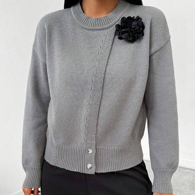 Women's Premium Elegant Solid Color Buttons Black Flower Knitted Pullover