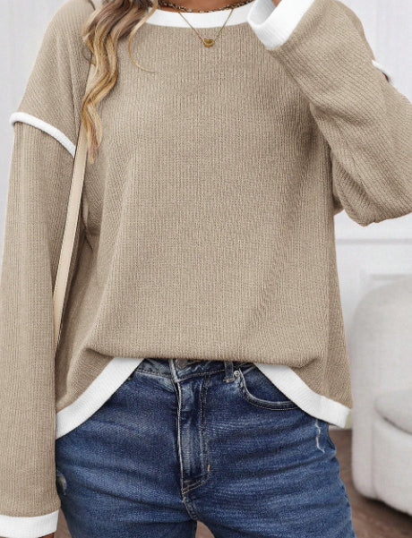 Four Leaf Clover Contrast Color Trim Knit Drop Shoulder Loose Top