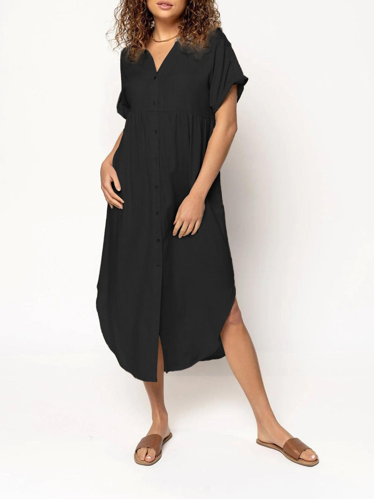 Loose Temperament Casual Solid Color Buttons Mid-length Dress