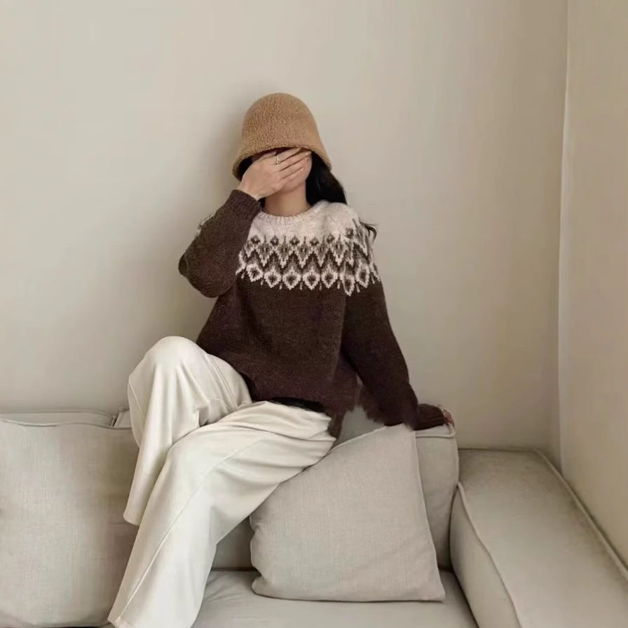 Women's Round Neck Loose Jacquard Sweater Retro Lazy