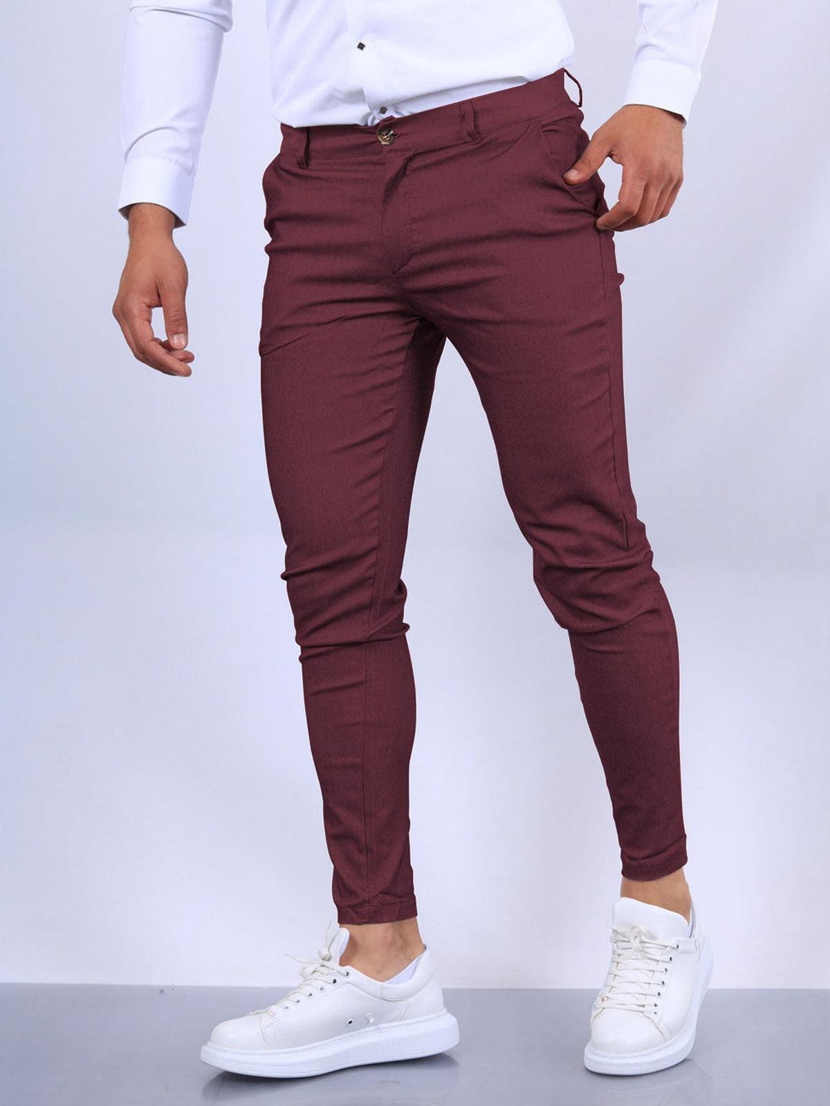 Men's Slim Button Trousers Fashion Solid Office Versatile Long Pencil Pants