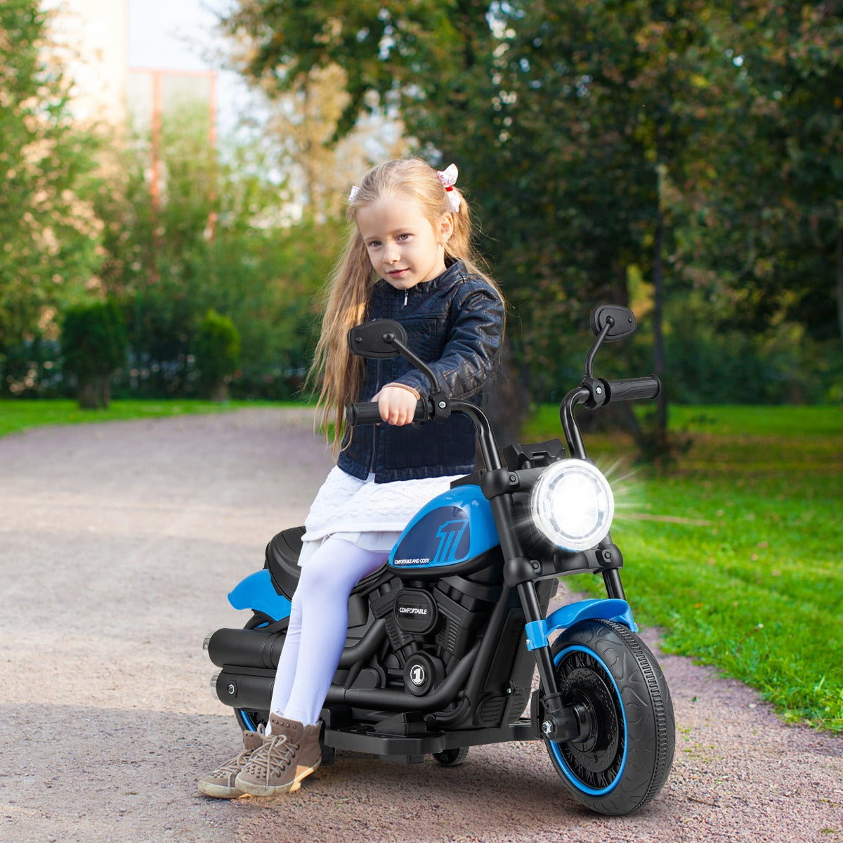 6V Kids Ride On Motorcycle with Training Wheels and Headlight for Toddlers-Navy
