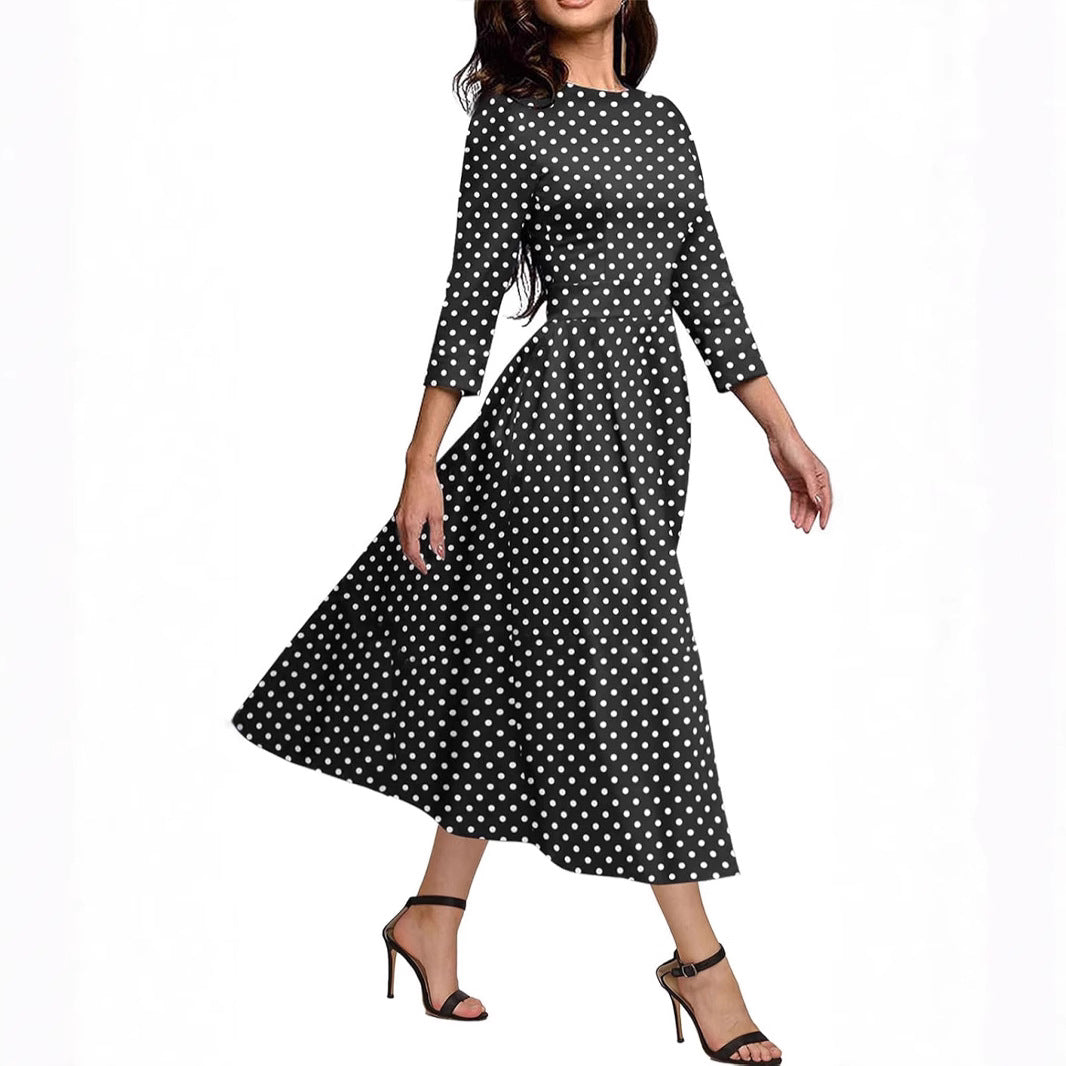 Slim Fit Waist Retro Printed Dress Women With Pockets