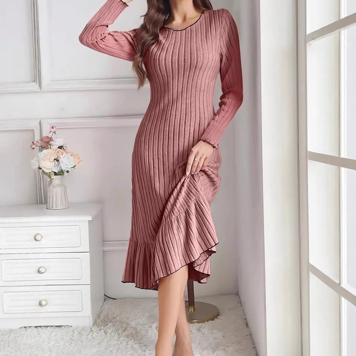 Women's Fashion Solid Color Ruffle Sleeve Long Dress