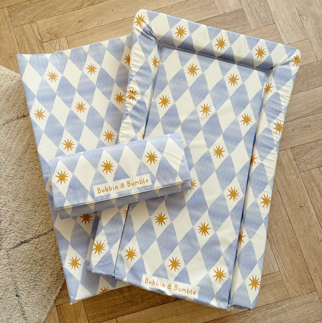 Anti-Roll Wedge Baby Changing Mat - Blue Harlequin