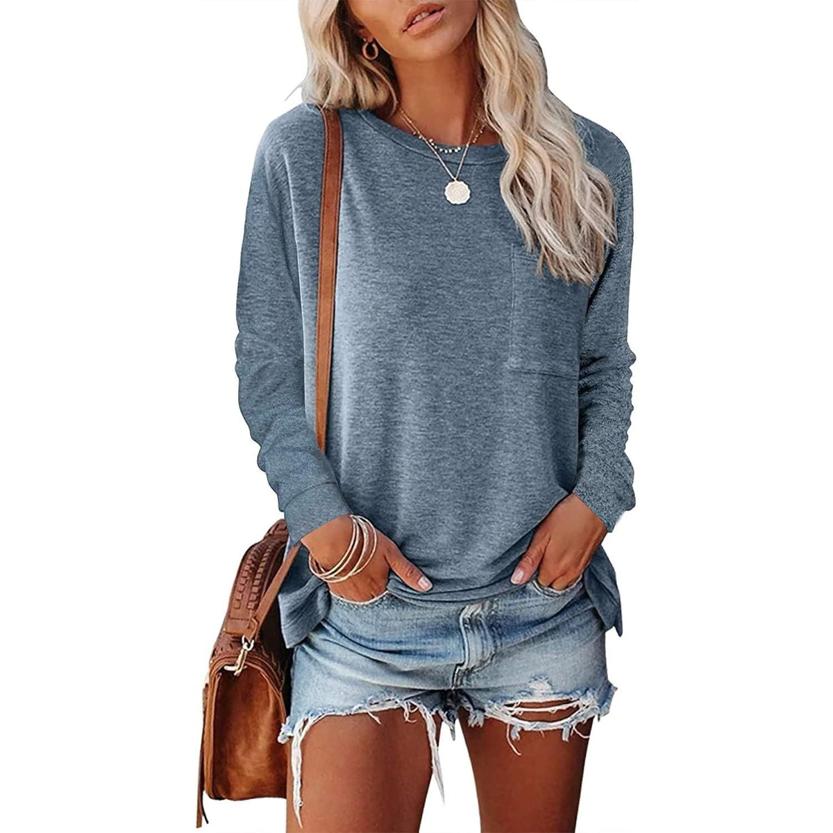 Womens Long Sleeve Shirts Crew Neck Solid Casual Basic Tops Cotton 65%