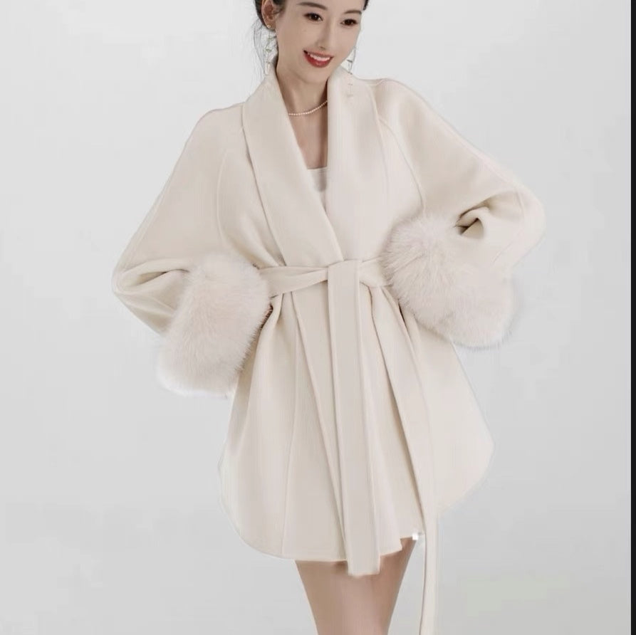 Women's Black Fox Fur Double-faced Cashmere Elegant Short Coat