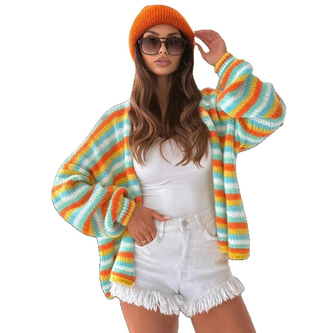 Rainbow Striped Sweaters Round Neck Long Sleeve Loose