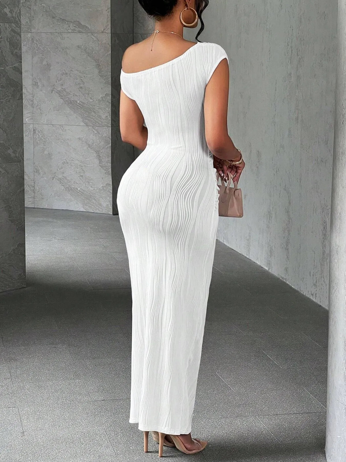 Textured Single Shoulder Bodycon Maxi Dress