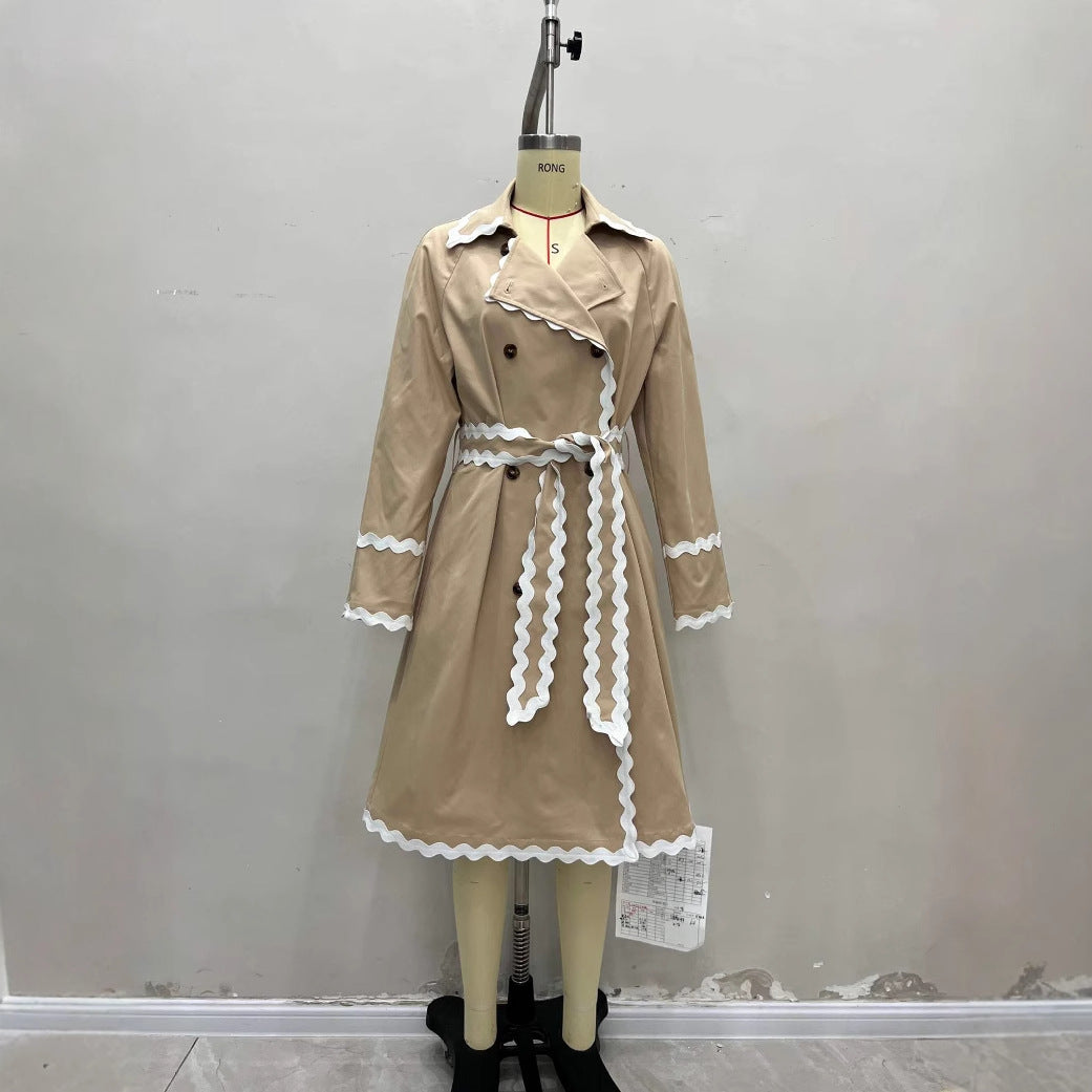 Elegant Chic White Wavy Neckline Double Breasted Coat
