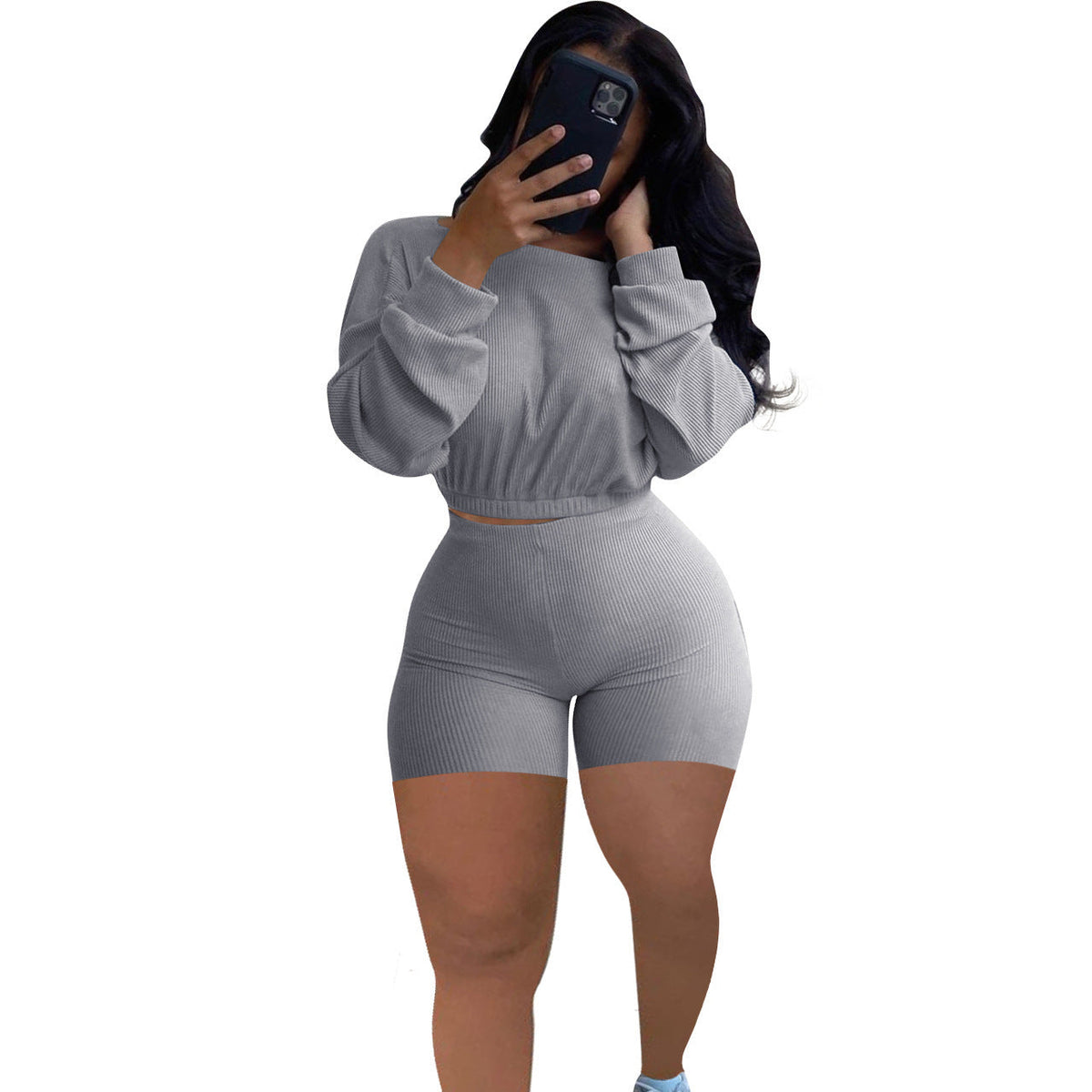 Sunken Stripe Solid Color Off-the-shoulder Two-piece Set