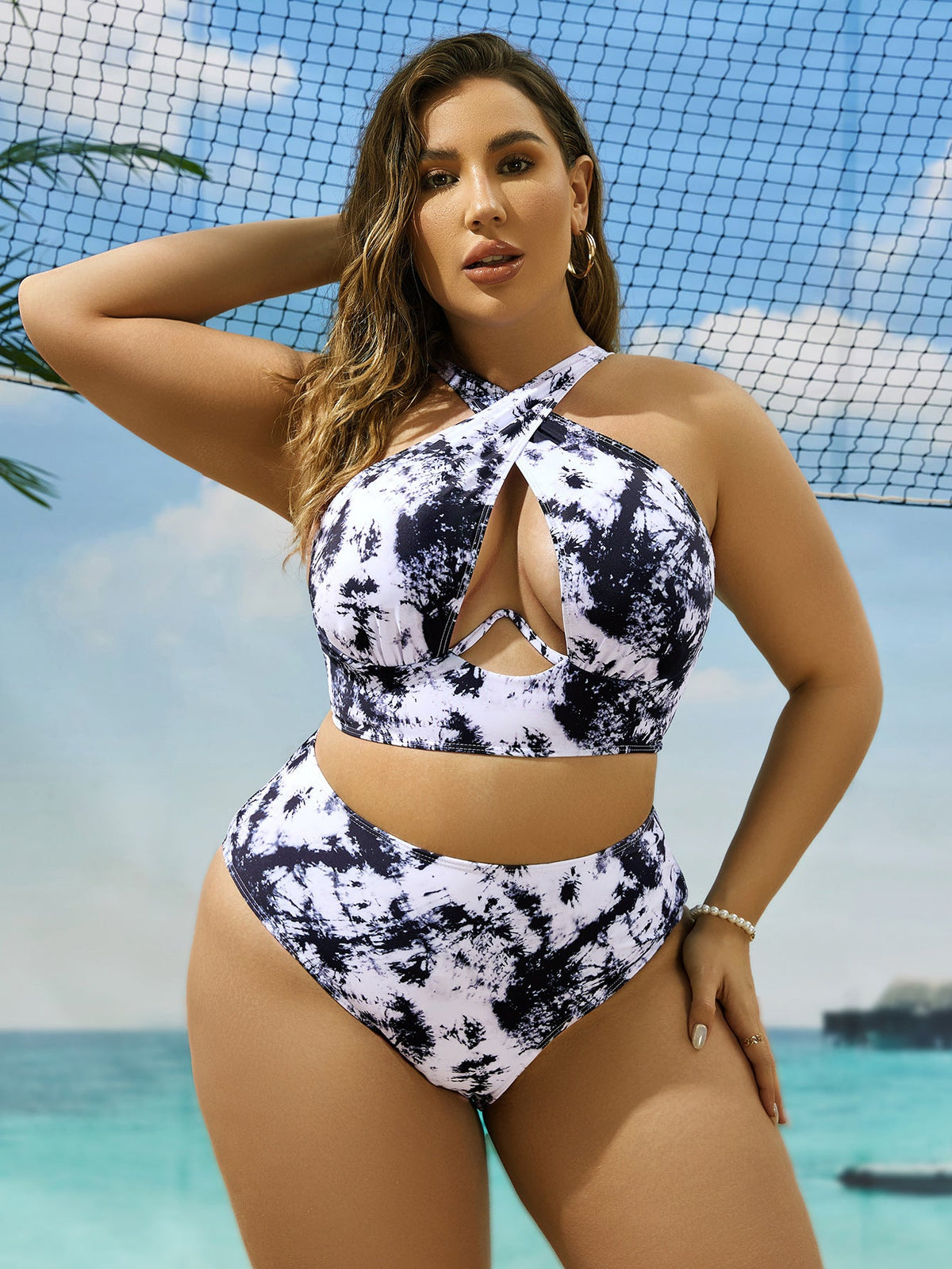 Cross Collar Random Printed Bikini Swimsuit Suit