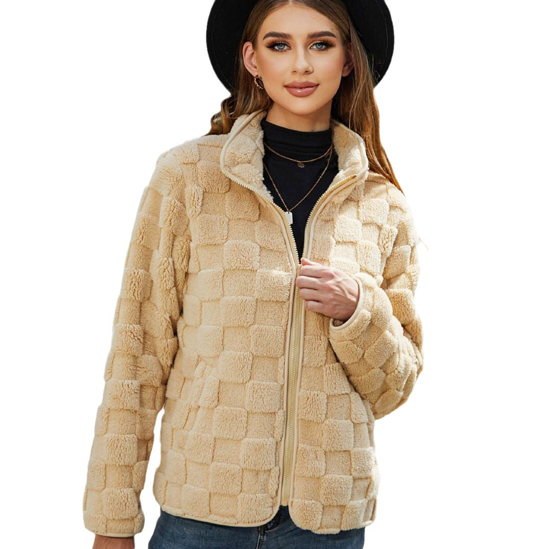 Loose Solid Color Plaid Plush Coat