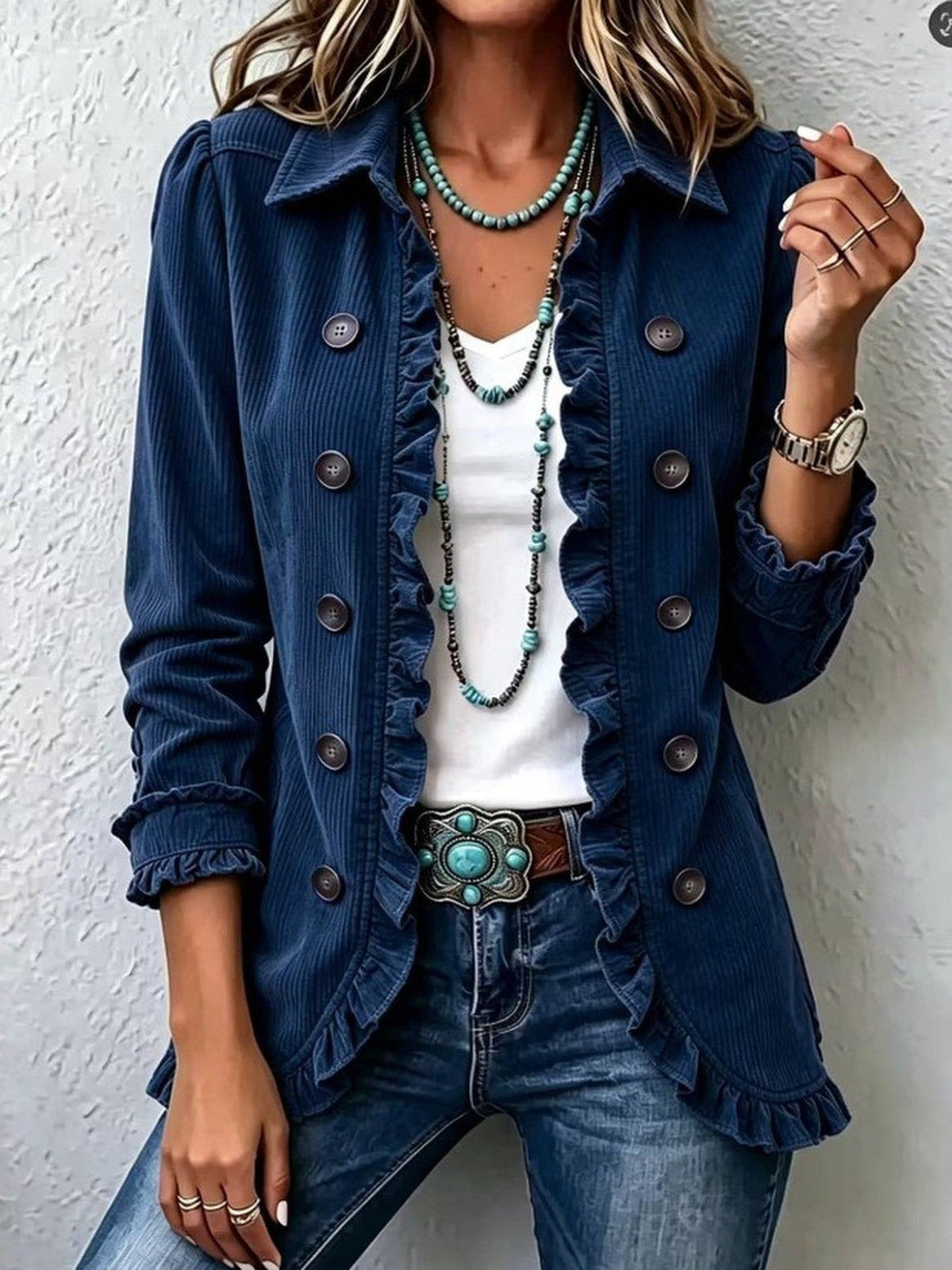 Women's Ruffle Knit Cardigan - Button-Front Long-Sleeve Sweater Jacket for Spring and Autumn