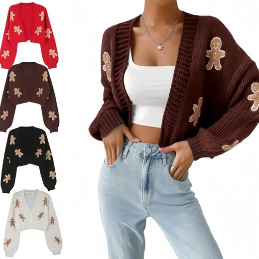 Gingerbread Man Knitted Cardigan - V-Neck Christmas Sweater