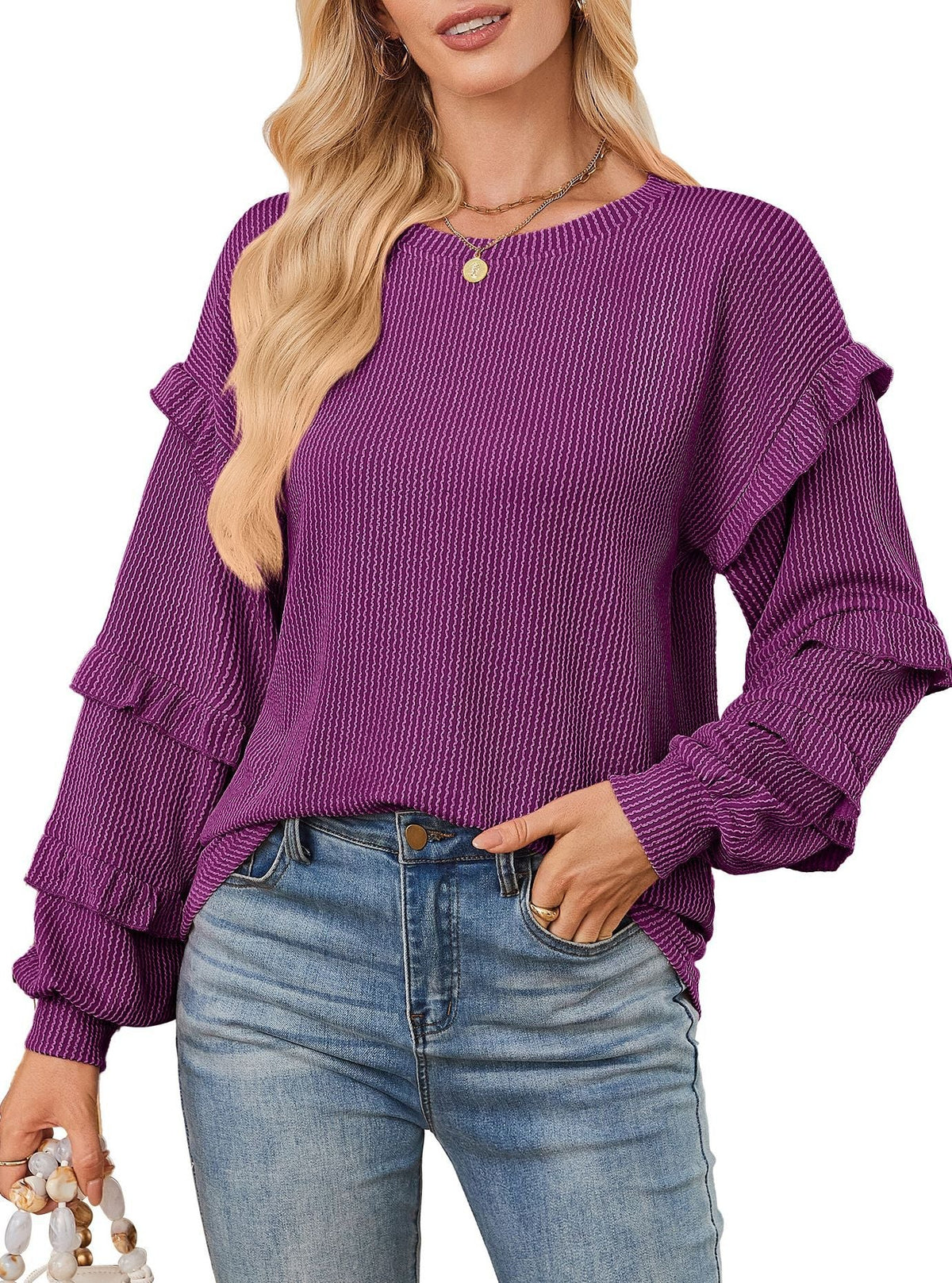Casual Loose-fit Crew Neck T-shirt With Lantern Sleeves And Ruffled Hem