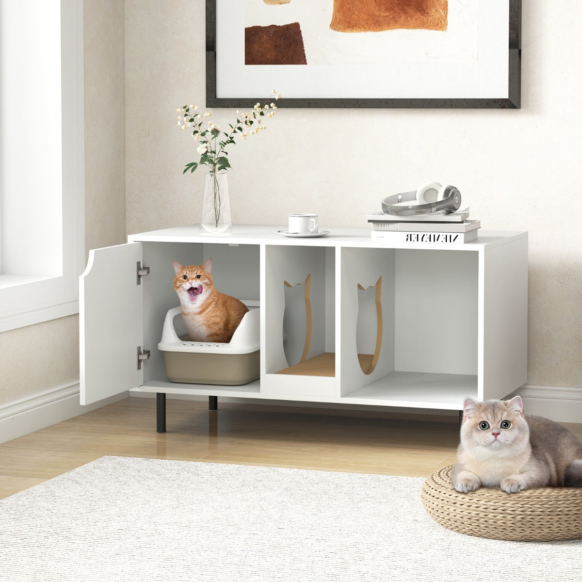 Cat Litter Box Enclosure with Storage and Removable Scratching Board-Grey