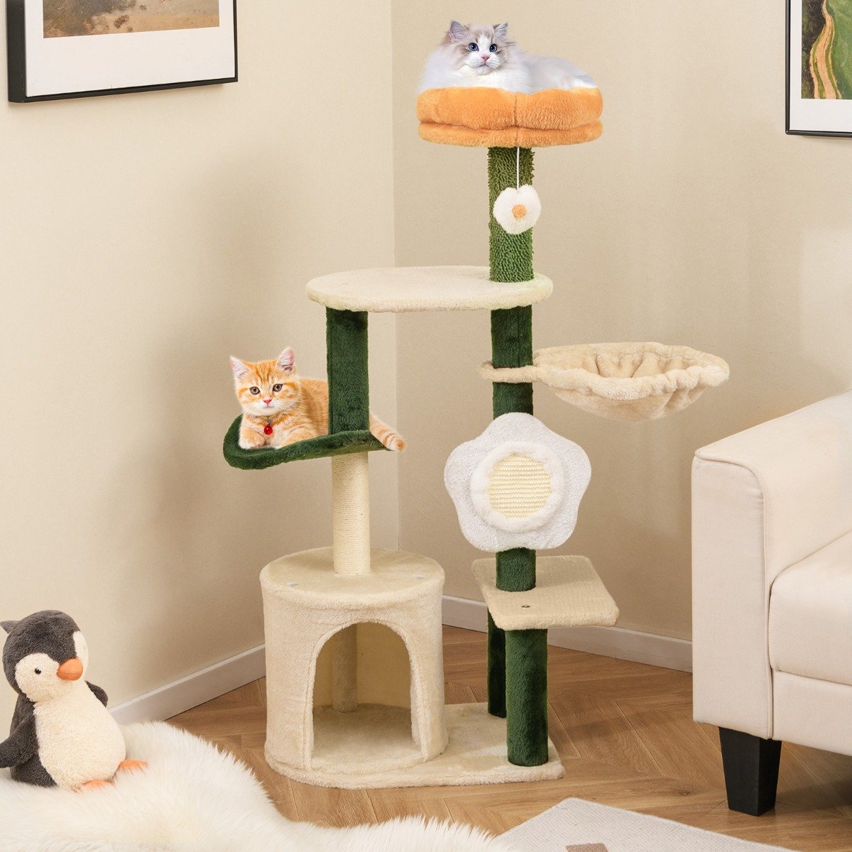 114CM Tall Cute Flower Multi-level Cat Tree with Sisal Post and Pad-Multicolor