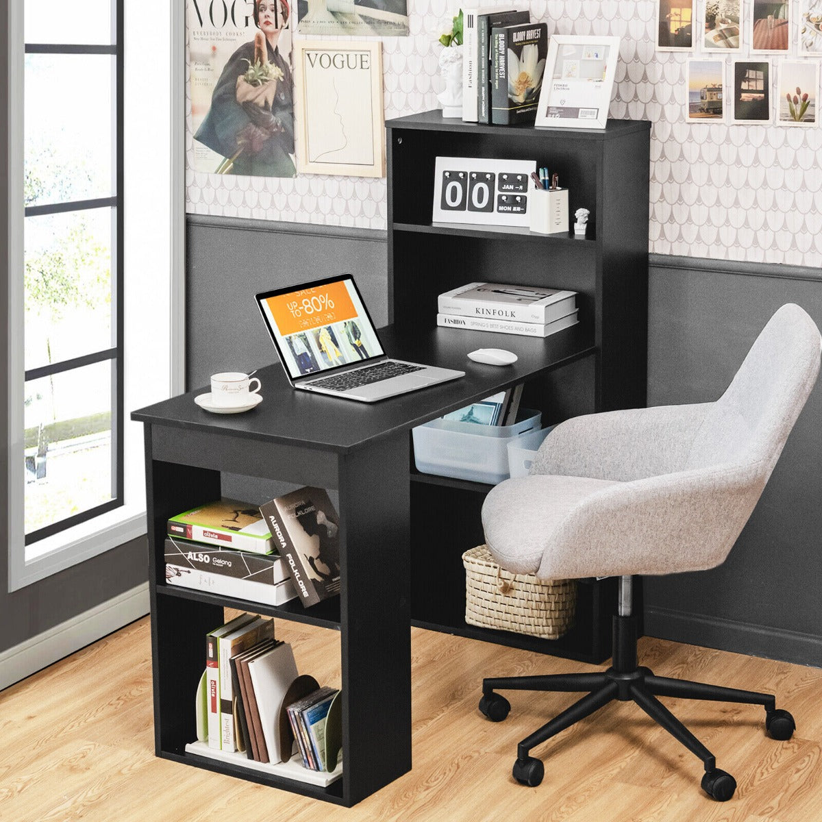 Modern 3-in-1 Wooden Computer Desk with 6-Tier Storage Bookshelves-White