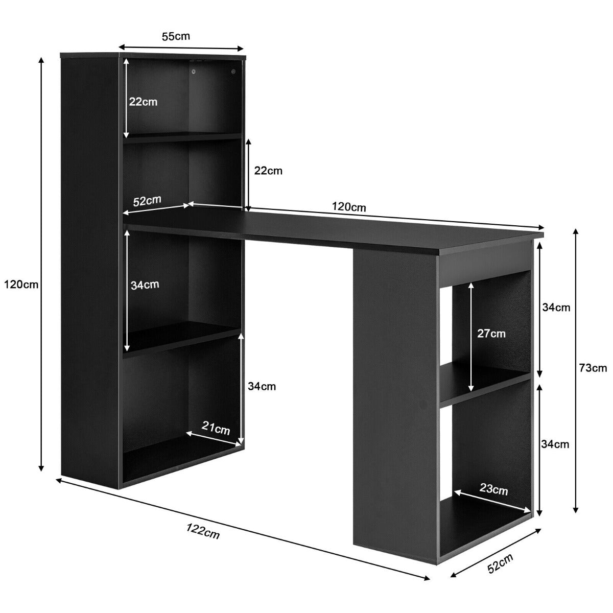 Modern 3-in-1 Wooden Computer Desk with 6-Tier Storage Bookshelves-White