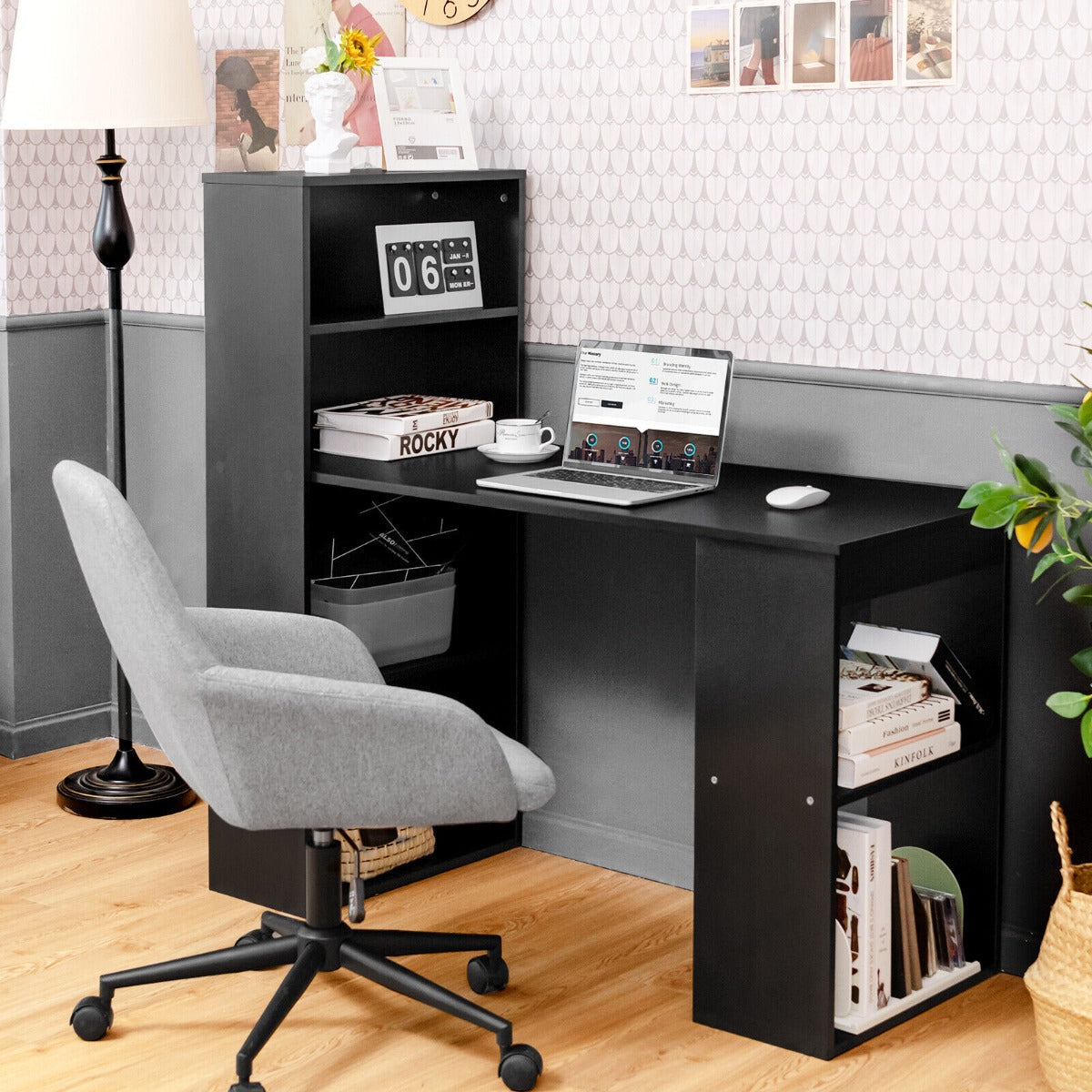Modern 3-in-1 Wooden Computer Desk with 6-Tier Storage Bookshelves-White