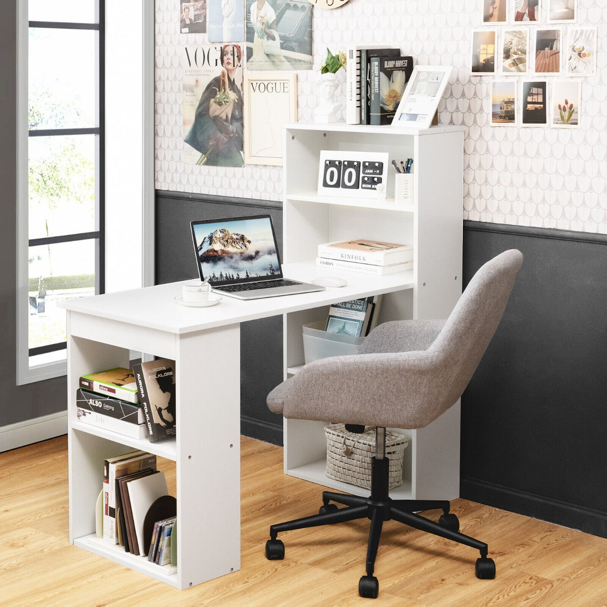 Modern 3-in-1 Wooden Computer Desk with 6-Tier Storage Bookshelves-White
