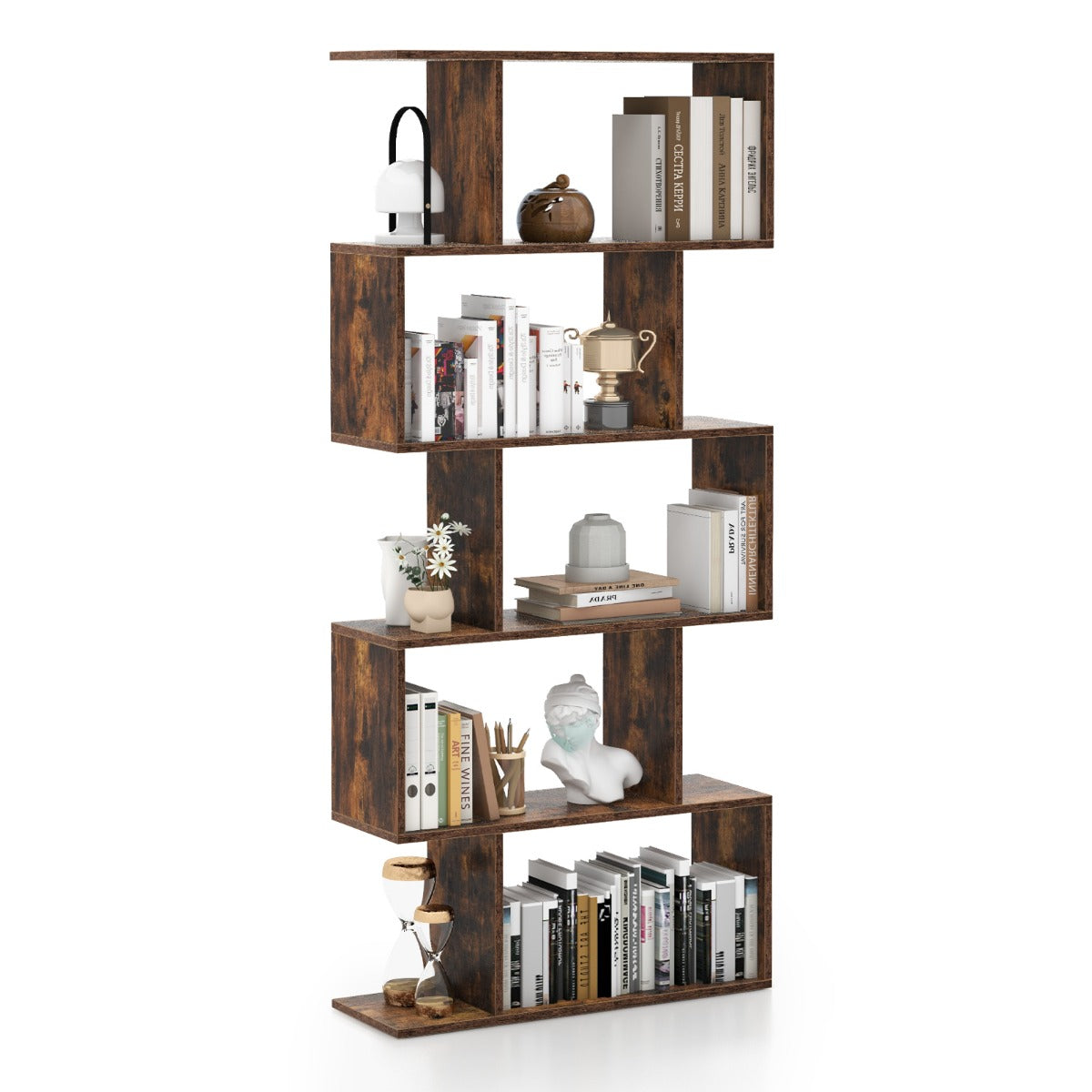 Geometric S-Shaped Bookcase with Anti-Toppling Device for Living Room Home Office-White
