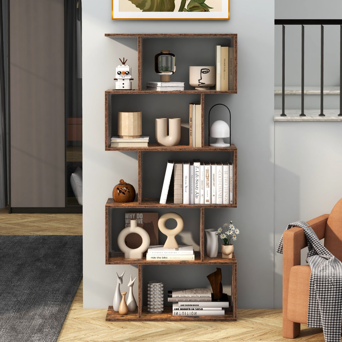 Geometric S-Shaped Bookcase with Anti-Toppling Device for Living Room Home Office-White
