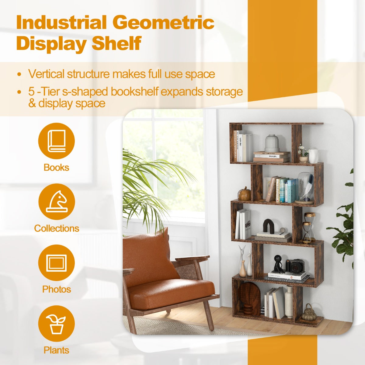Geometric S-Shaped Bookcase with Anti-Toppling Device for Living Room Home Office-White