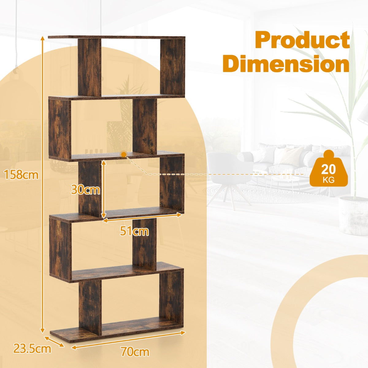 Geometric S-Shaped Bookcase with Anti-Toppling Device for Living Room Home Office-White