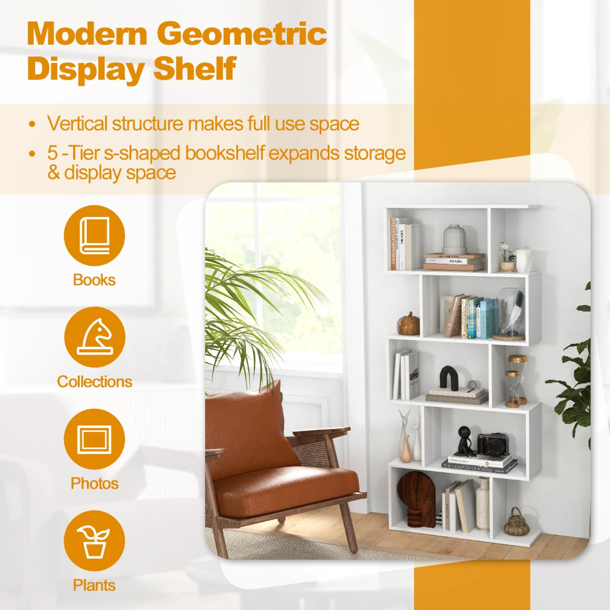 Geometric S-Shaped Bookcase with Anti-Toppling Device for Living Room Home Office-White