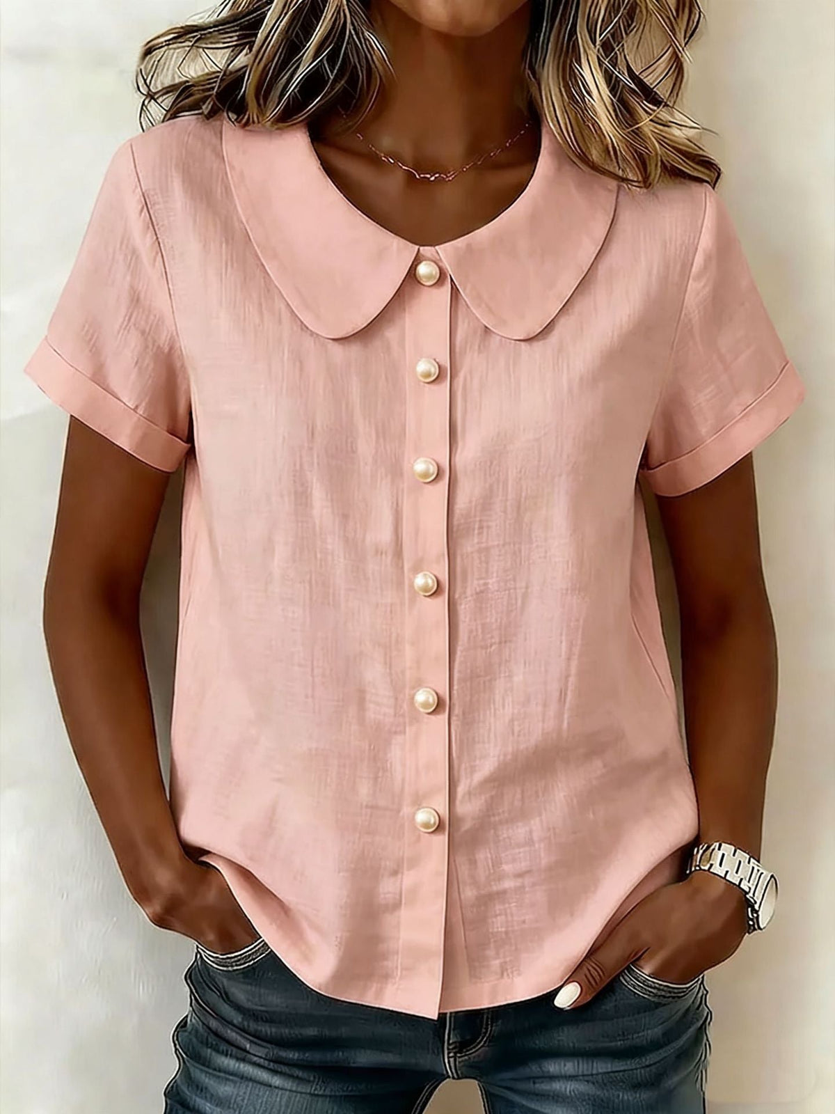 Womens Solid-Colored Short-Sleeve Casual Loose  Shirt