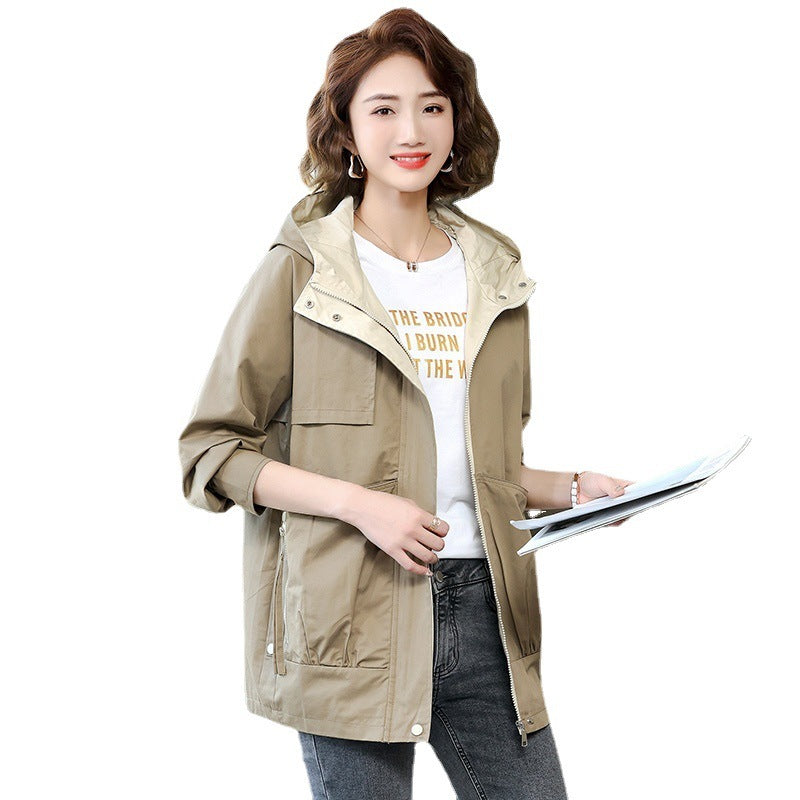 Women's Korean Style Hooded Trench Coat - Mid-Length Casual Jacket