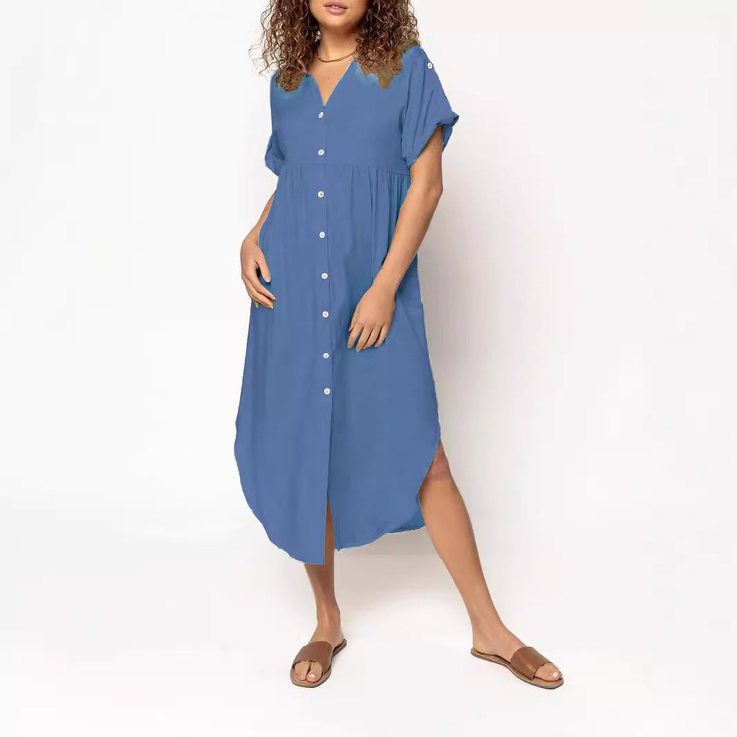 Loose Temperament Casual Solid Color Buttons Mid-length Dress