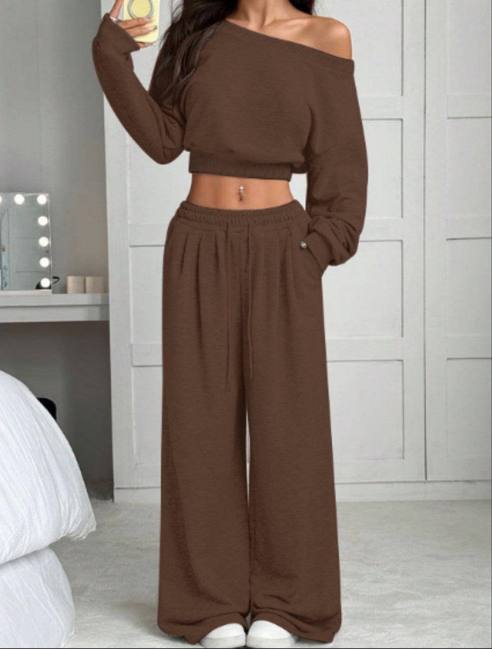 Women's Fashion Slim-fit Off-the-shoulder Navel Solid Color Casual Pants Suit