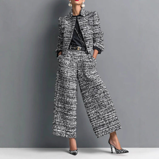 Women's Plaid Notched Lapel Cardigan Jacket and Wide-Leg Trousers Set