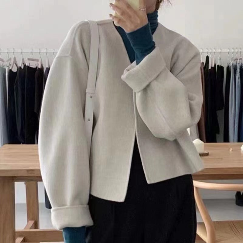 Stylish Graceful Simple Small V-neck Loose Woolen Coat