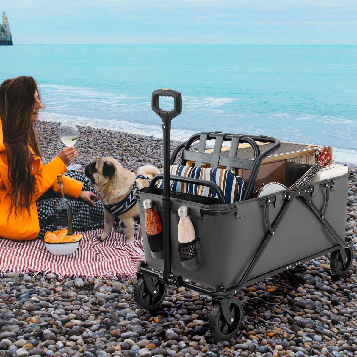 Collapsible Foldable Wagon Cart with Adjustable Handlebar-Coffee