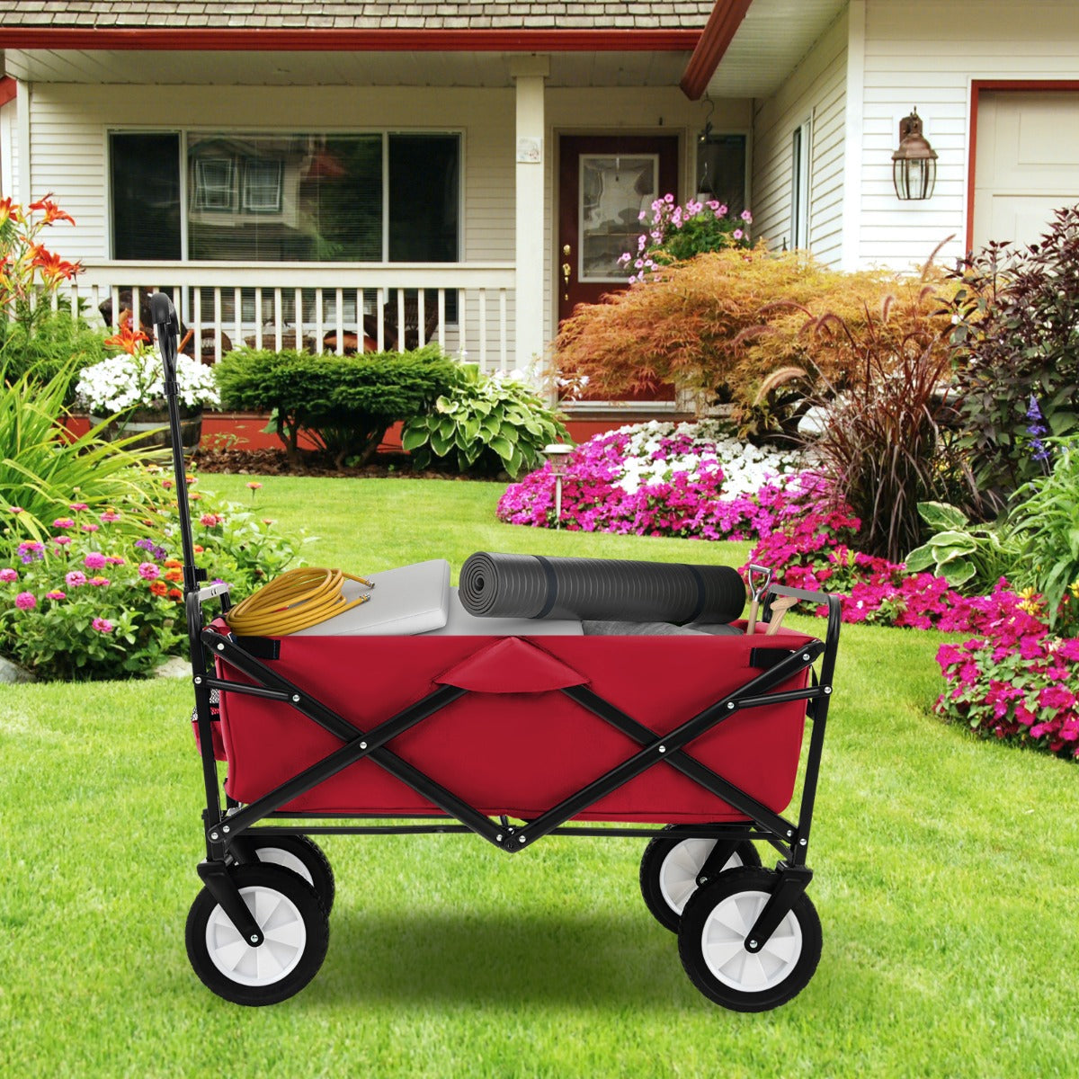 eavy Duty Camping Garden Cart with Adjustable Handle and Drink Holders-Black