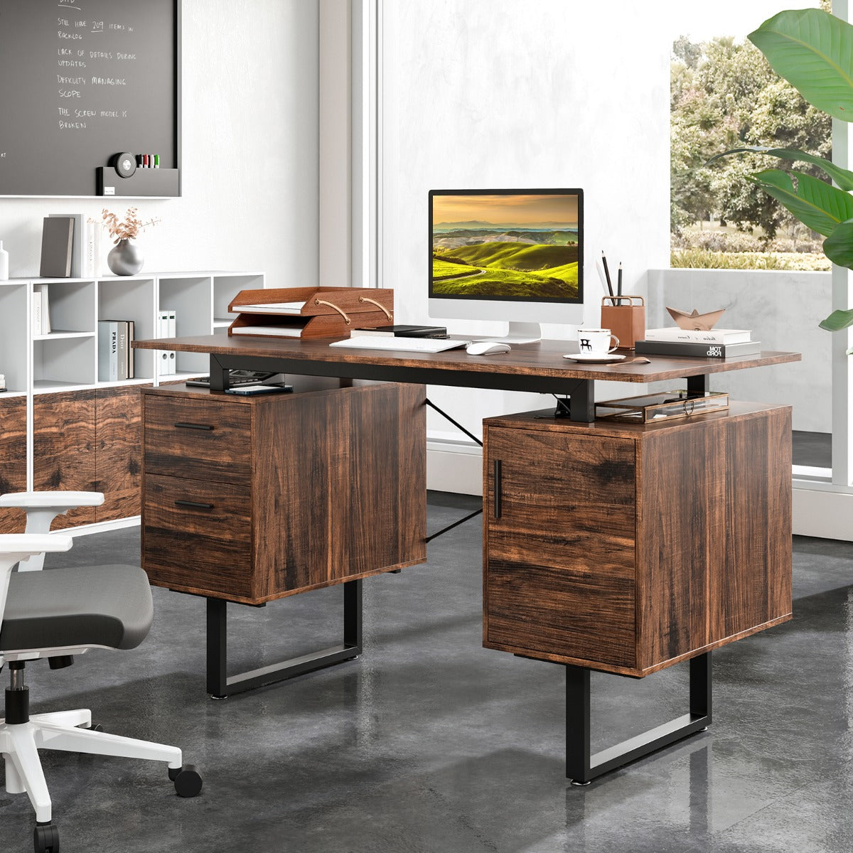 Computer Desk with Floating Desktop and Dual Drawers-Rustic Brown
