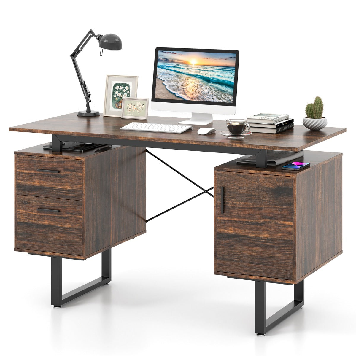Computer Desk with Floating Desktop and Dual Drawers-Rustic Brown