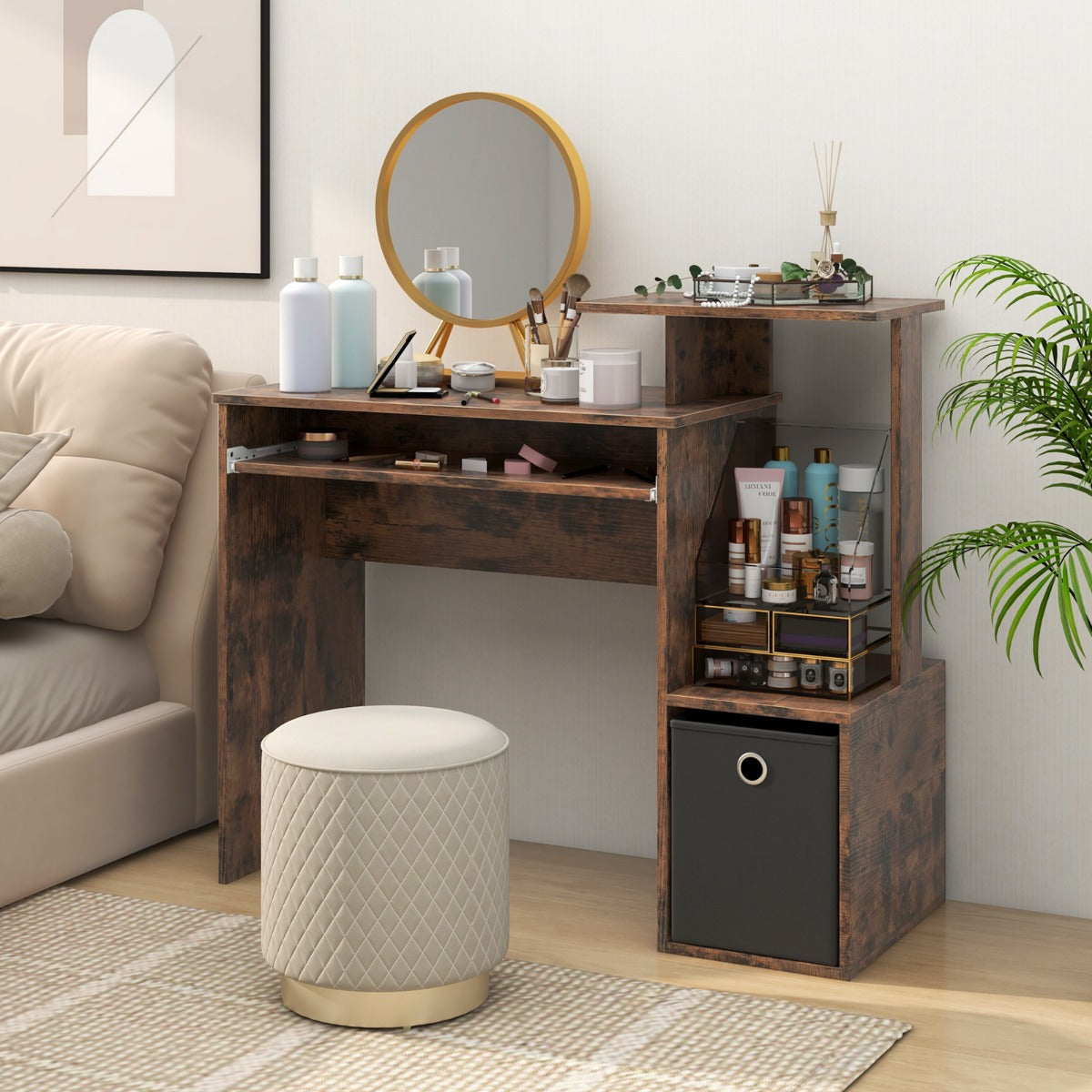 Space-saving Computer Desk with Open Shelf and Fabric Storage Drawer-Rustic Brown